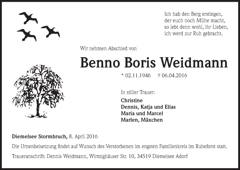  Traueranzeige für Benno Boris Weidmann vom 09.04.2016 aus Waldeckische Landeszeitung