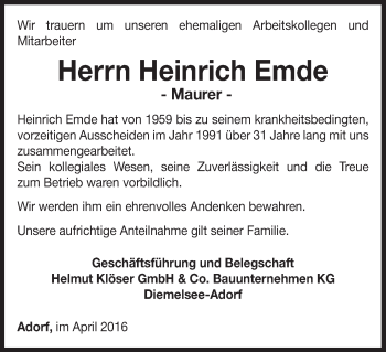 Traueranzeige von Heinrich Emde von Waldeckische Landeszeitung