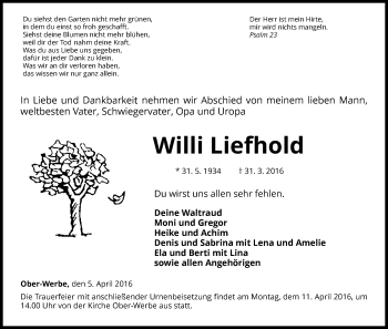 Traueranzeige von Willi Liefhold von Waldeckische Landeszeitung