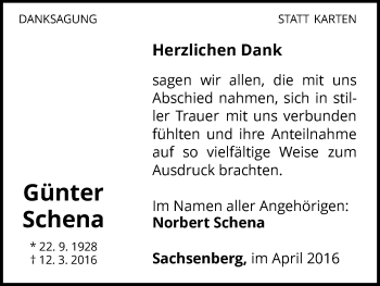 Traueranzeige von Günter Schena von Waldeckische Landeszeitung