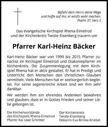 Traueranzeige von Karl-Heinz Bäcker von Waldeckische Landeszeitung