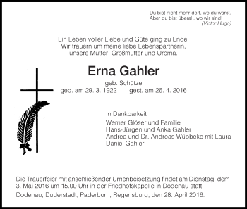 Traueranzeige von Erna Gahler von Waldeckische Landeszeitung