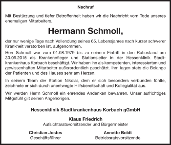 Traueranzeige von Hermann Schmoll von Waldeckische Landeszeitung