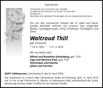 Traueranzeige von Waltraud Thill von Waldeckische Landeszeitung