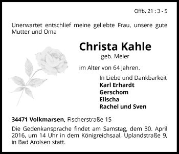 Traueranzeige von Christa Kahle von Waldeckische Landeszeitung