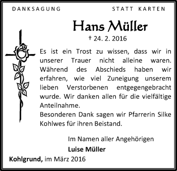 Traueranzeige von Hans Müller von Waldeckische Landeszeitung