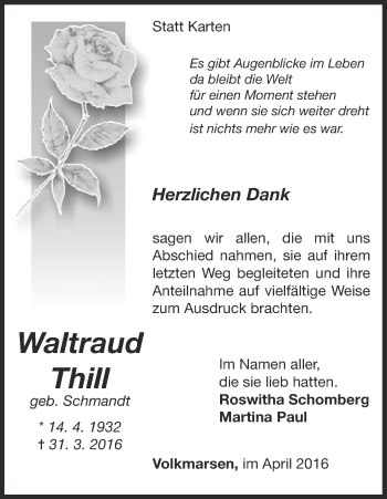Traueranzeige von Waltraud Thill von Waldeckische Landeszeitung
