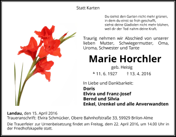 Traueranzeige von Marie Horchler von Waldeckische Landeszeitung