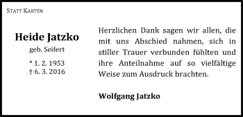 Traueranzeige von Heide Jatzko von Waldeckische Landeszeitung