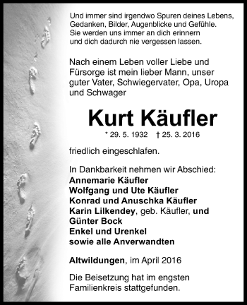 Traueranzeige von Kurt Käufler von Waldeckische Landeszeitung