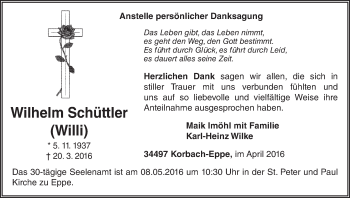 Traueranzeige von Wilhelm Schüttler von Waldeckische Landeszeitung