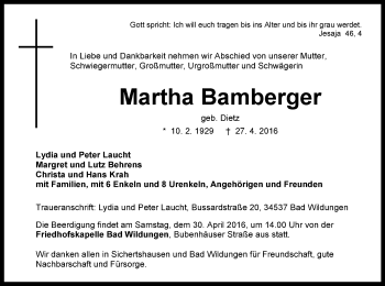 Traueranzeige von Martha Bamberger von Waldeckische Landeszeitung