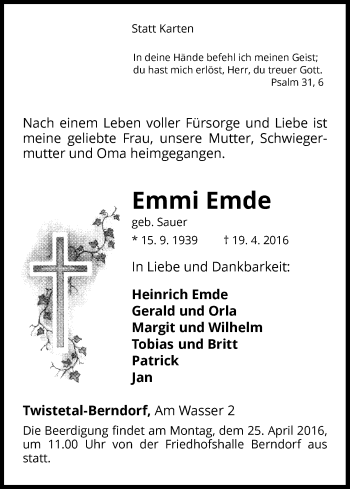 Traueranzeige von Emmi Emde von Waldeckische Landeszeitung