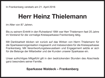 Traueranzeige von Heinz Thielemann von Waldeckische Landeszeitung