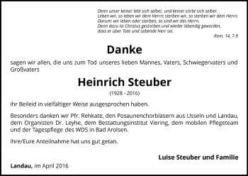 Traueranzeige von Heinrich Steuber von Waldeckische Landeszeitung