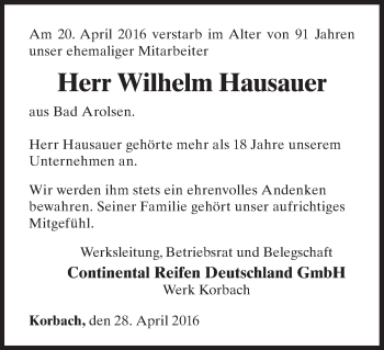 Traueranzeige von Wilhelm Hausauer von Waldeckische Landeszeitung