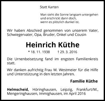 Traueranzeige von Heinrich Küthe von Waldeckische Landeszeitung