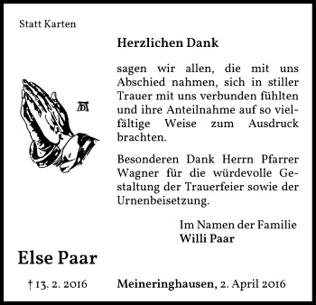 Traueranzeige von Else Paar von Waldeckische Landeszeitung