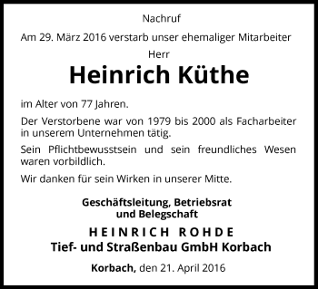 Traueranzeige von Heinrich Küthe von Waldeckische Landeszeitung