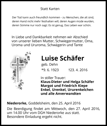 Traueranzeige von Luise Schäfer von Waldeckische Landeszeitung