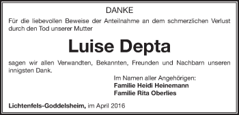 Traueranzeige von Luise Depta von Waldeckische Landeszeitung