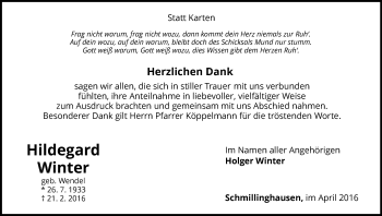 Traueranzeige von Hildegard Winter von Waldeckische Landeszeitung