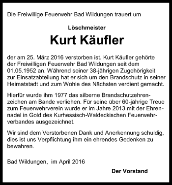 Traueranzeige von Kurt Käufler von Waldeckische Landeszeitung