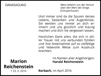 Traueranzeige von Marion Reichenstein von Waldeckische Landeszeitung