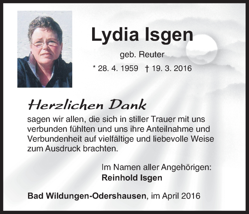  Traueranzeige für Lydia Isgen vom 09.04.2016 aus Waldeckische Landeszeitung