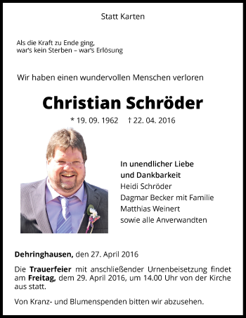 Traueranzeige von Christian Schröder von Waldeckische Landeszeitung