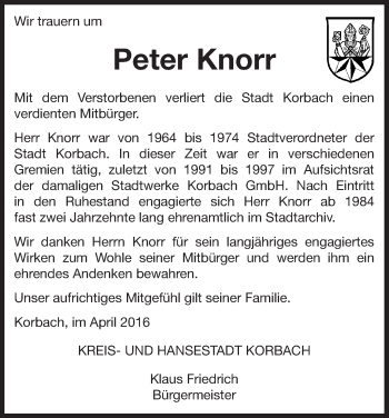 Traueranzeige von Peter Knorr von Waldeckische Landeszeitung