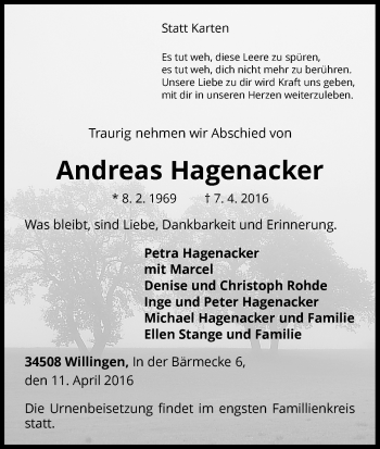 Traueranzeige von Andreas Hagenacker von Waldeckische Landeszeitung