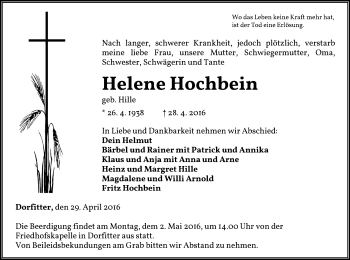 Traueranzeige von Helene Hochbein von Waldeckische Landeszeitung
