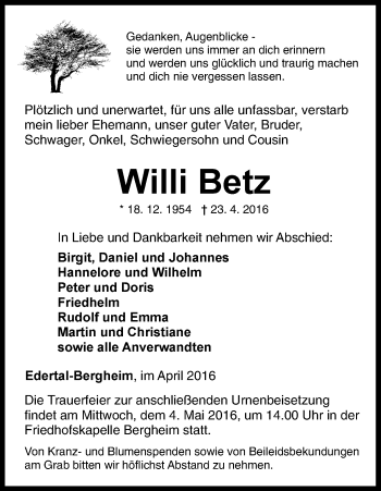 Traueranzeige von Willi Betz von Waldeckische Landeszeitung