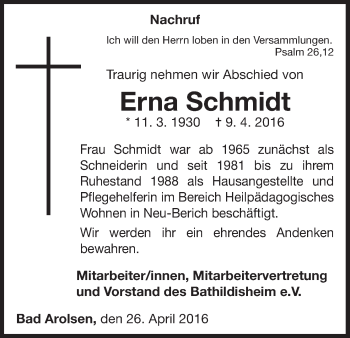 Traueranzeige von Erna Schmidt von Waldeckische Landeszeitung