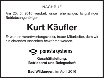 Traueranzeige von Kurt Käufler von Waldeckische Landeszeitung