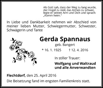 Traueranzeige von Gerda Spannaus von Waldeckische Landeszeitung