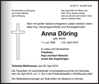 Traueranzeige von Anna Döring von Waldeckische Landeszeitung