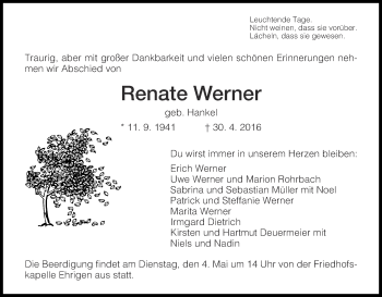 Traueranzeige von Renate Werner von Waldeckische Landeszeitung