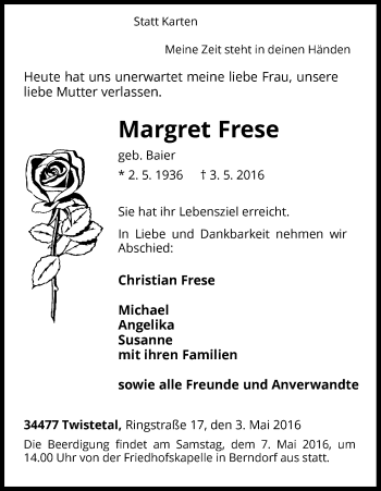 Traueranzeige von Margret Frese von Waldeckische Landeszeitung