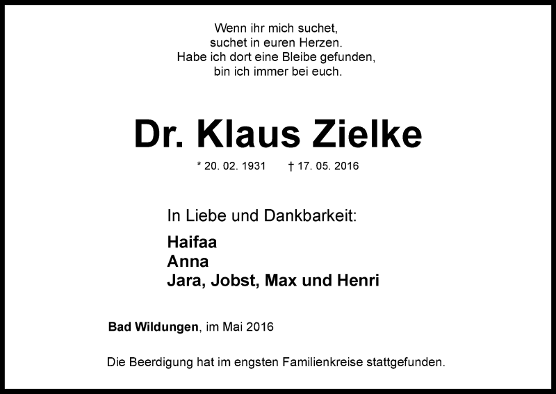  Traueranzeige für Klaus Zielke vom 21.05.2016 aus Waldeckische Landeszeitung