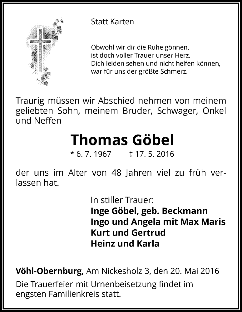  Traueranzeige für Thomas Göbel vom 20.05.2016 aus Waldeckische Landeszeitung
