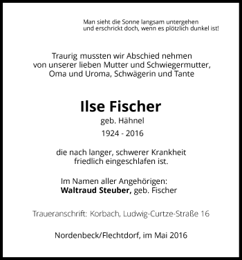 Traueranzeige von Ilse Fischer von Waldeckische Landeszeitung