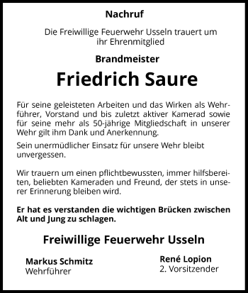 Traueranzeige von Friedrich Saure von Waldeckische Landeszeitung