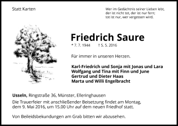 Traueranzeige von Friedrich Saure von Waldeckische Landeszeitung