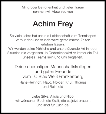 Traueranzeige von Achim Frey von Waldeckische Landeszeitung