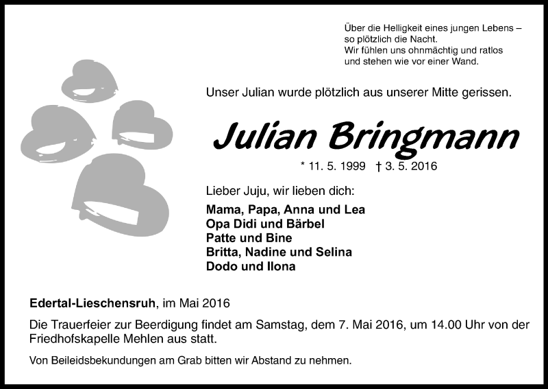  Traueranzeige für Julian Bringmann vom 05.05.2016 aus Waldeckische Landeszeitung