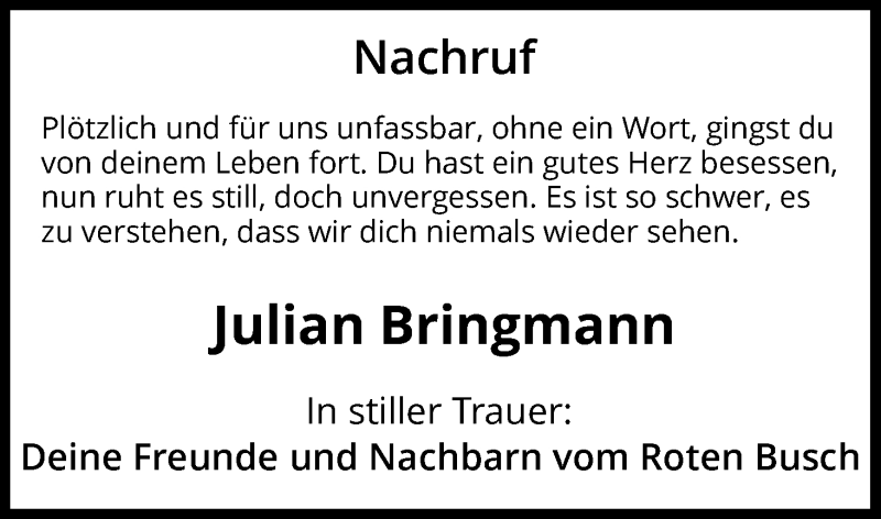 Traueranzeige für Julian Bringmann vom 10.05.2016 aus Waldeckische Landeszeitung