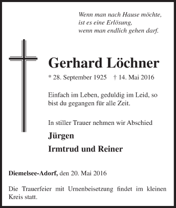 Traueranzeige von Gerhard Löchner von Waldeckische Landeszeitung