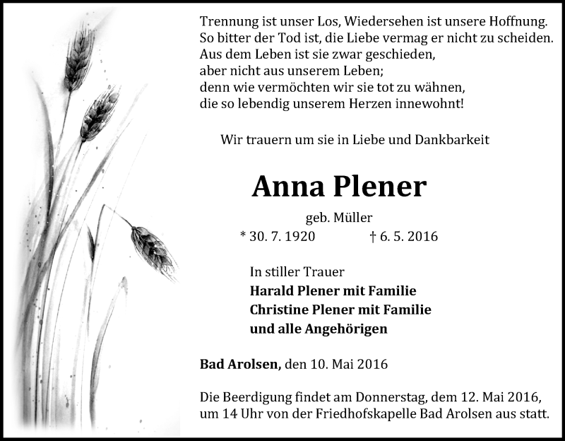  Traueranzeige für Anna Plener vom 10.05.2016 aus Waldeckische Landeszeitung